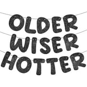 Fulmoon Set of 3 Pre Strung Older Wiser Hotter Glitter Banner Funny Birthday Banner for Women 30th 40th 50th 60th 70th 80th Birthday Party Decorations Sign Gift(Black)